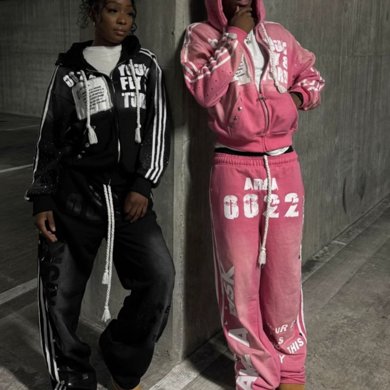 Hooded Sweatshirt Set Fashion Casual Long Pants Printed Hip Hop Rock Unisex Sweatshirt Jacket 241219