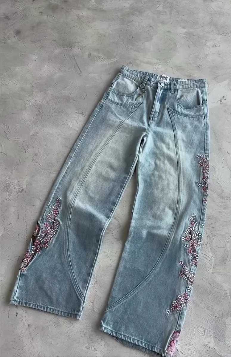 Retro Sakura Black Knight Embroidered Y2K Men Jeans Loose and Personalized Street Rap Niche Design Blue Hip HopWashed JeansT260527 - view 5