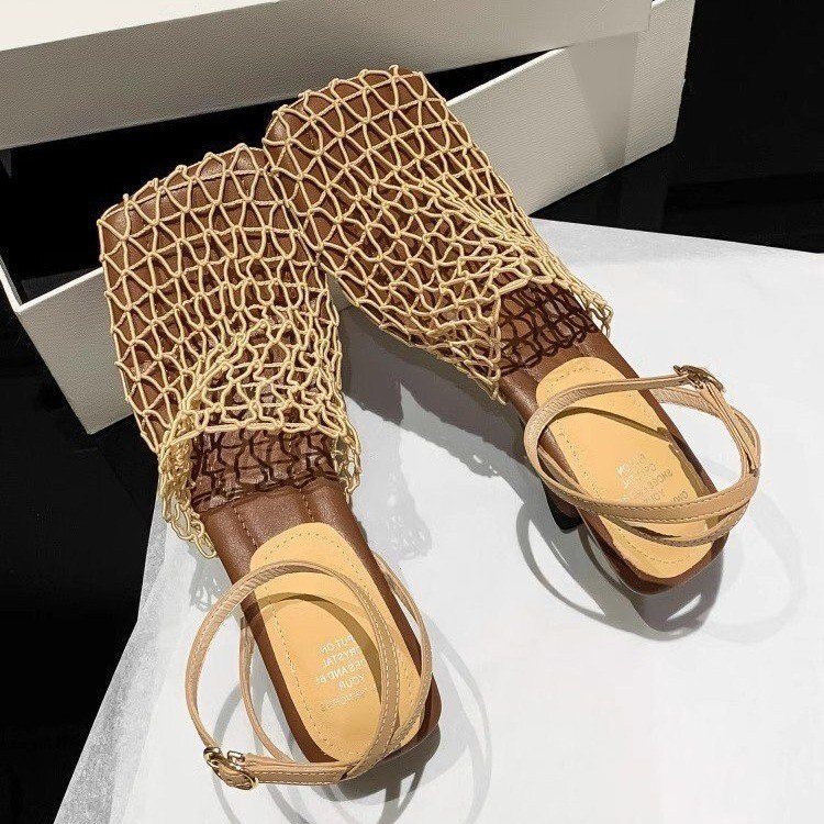 Designer shoe Comfortable stylish niche square-toed breathable mesh wedge high-heeled sandals with open back and hollow woven fishnet design