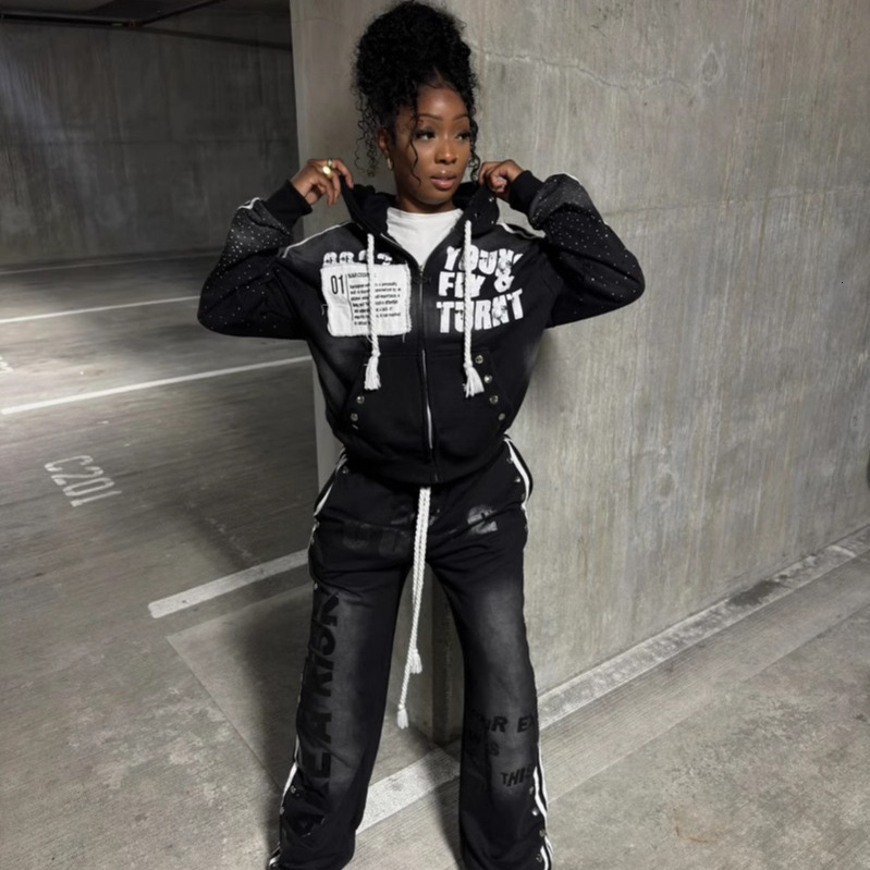 Hooded Sweatshirt Set Fashion Casual Long Pants Printed Hip Hop Rock Unisex Sweatshirt Jacket 241219