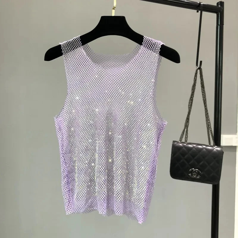 Summer Women Crystal Rhinestones Shiny Sexy Y2K Tank Tops Party Club Sexy See Through Mesh Hollow Out Diamond shirt 260522