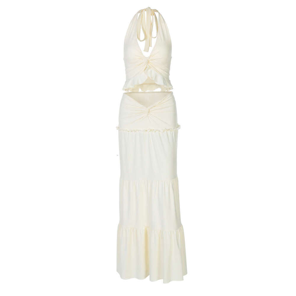 European and American Women s Fashion Summer New Sexy V neck Ruffled Halter Neck Strap Detail Twist Knot Long Dress Set MAKOUFEI
