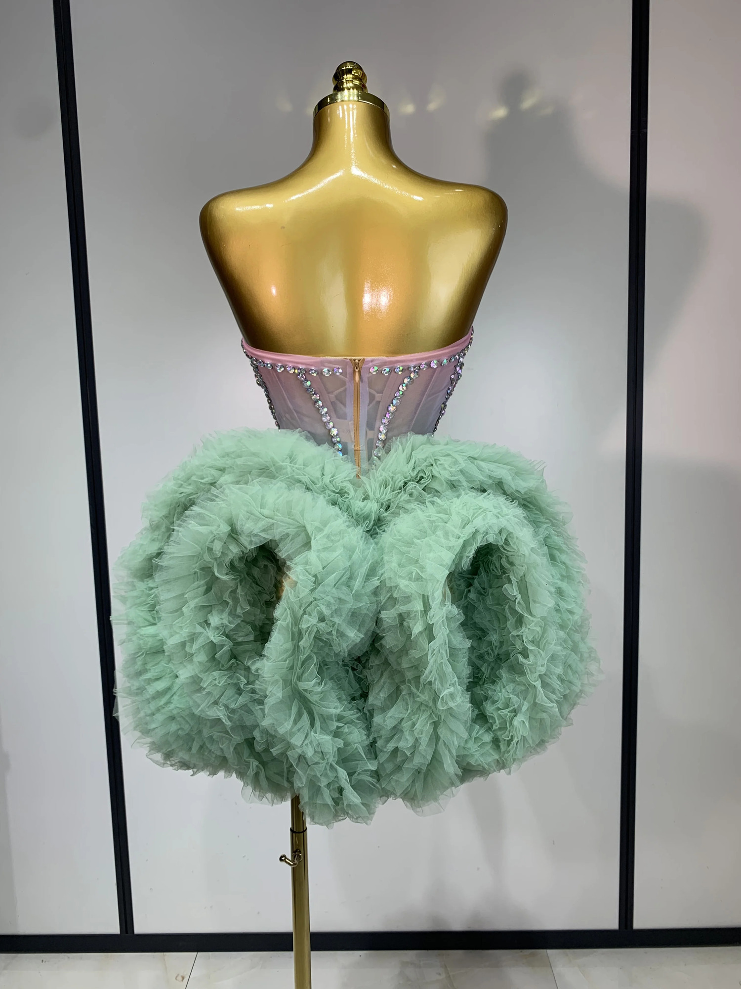 Women Sexy Strapless Backless Green Diamonds Mesh Dress Birthday Party Costume Bar Nightclub Singer Stage Performance Outfit 260529 - view 5