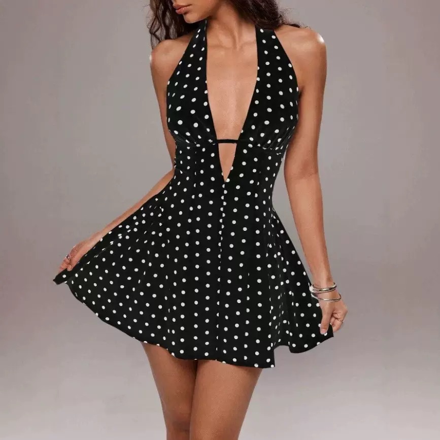 Casual Dresses Women's Halter Neck Polka Dot Dress Deep V Cut Out Bodycon Mini For Summer Party Club Night Evening Date Fashion