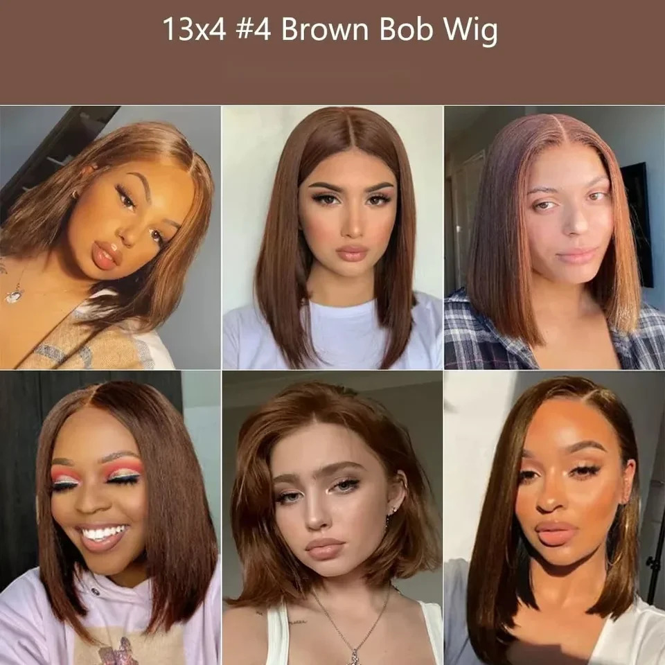 220 Density Full Frontal 13x4 HD Transparent Lace 4 Chocolate Brown Straight Short Bob Wig Human Hair Wigs Pre Plucked Wig 260522