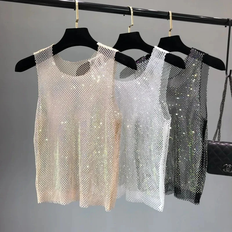 Summer Women Crystal Rhinestones Shiny Sexy Y2K Tank Tops Party Club Sexy See Through Mesh Hollow Out Diamond shirt 260522