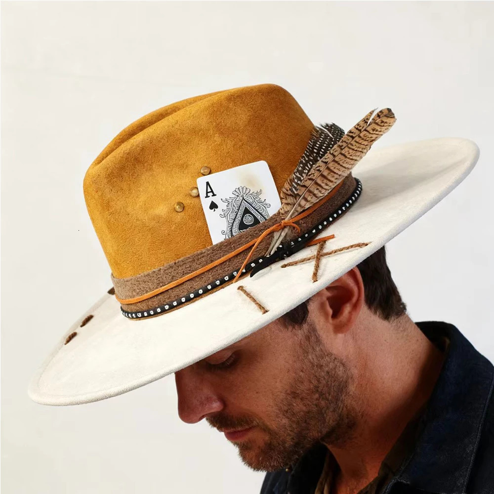 Color Blocking SuedeFedora Hats for Women Man Big Wide Brim Classic Suede Panama Hat Western Party hat sombrero rockero hombre 260527