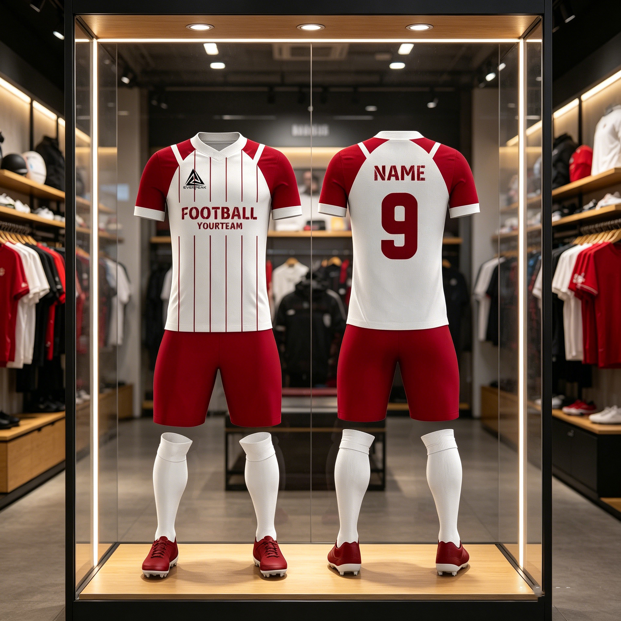 Custom Soccer Jersey Set Men Red White Vertical Stripe Football Uniform with Shorts Personalized Name Number Breathable Quick Dry Kit - view 4