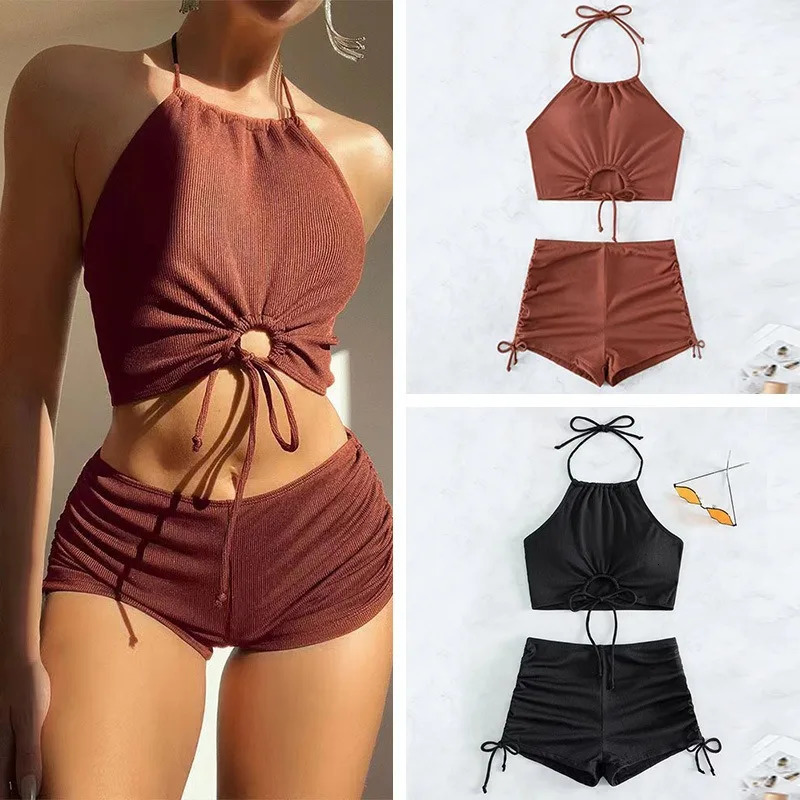 Solid Color Halter Neck Bikini Separate Swimwear Womens Sexy Strapless Top for Beach Vacation Spring Summer y260615 - view 4