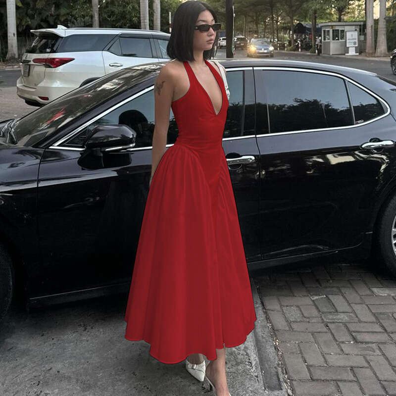 Women Solid Color Sexy Deep V Hollow Out Halter Elegant Flared Hem Dress Dating Travel Outdoor Fashion Outfit MAKOUFEI