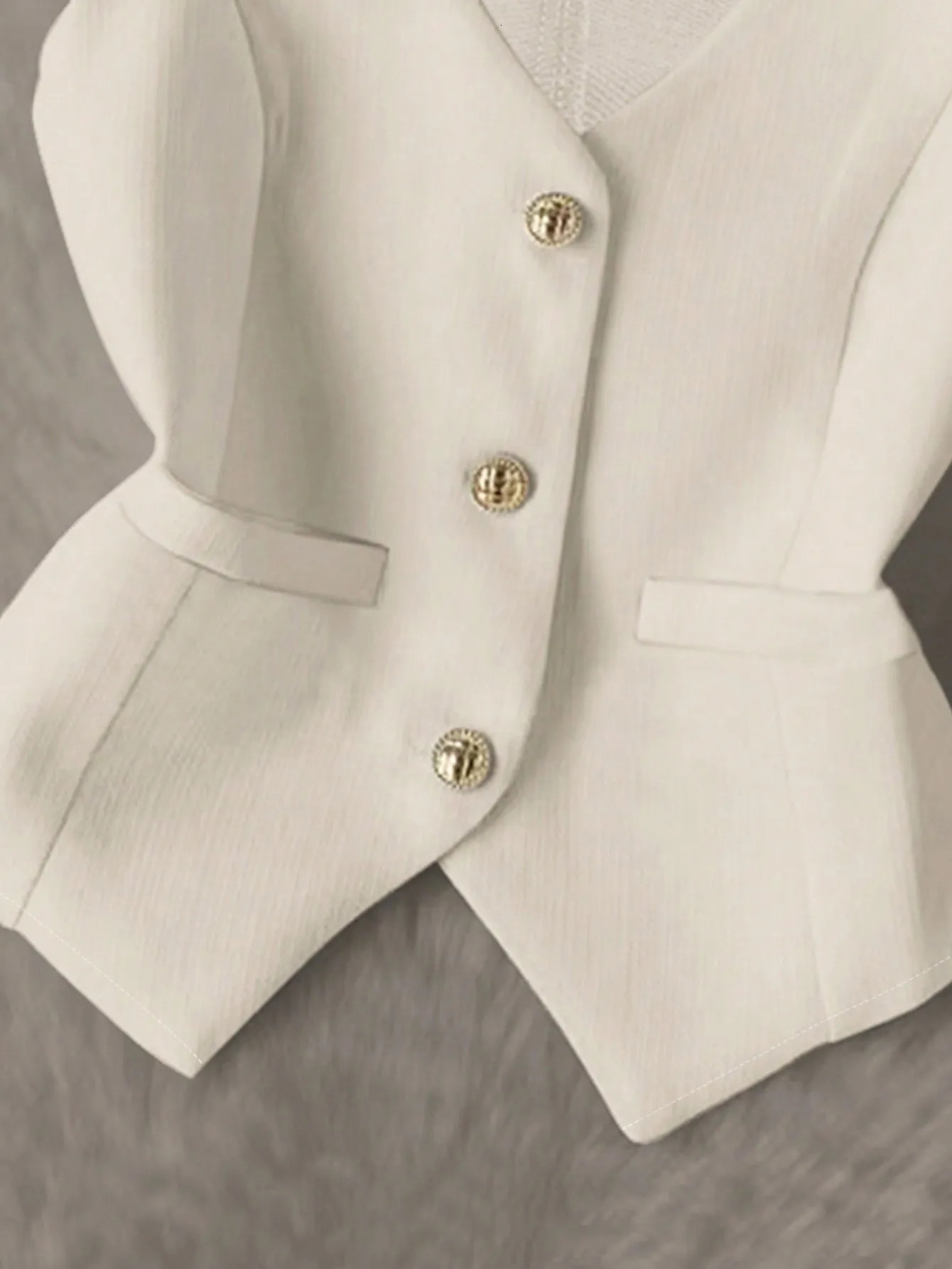 Womens Elegant Beige VNeck WaistCinching Vest Pleated Skirt 2 Piece Set Gold Button Blazer Waistcoat ALine Mini 260625 - view 5