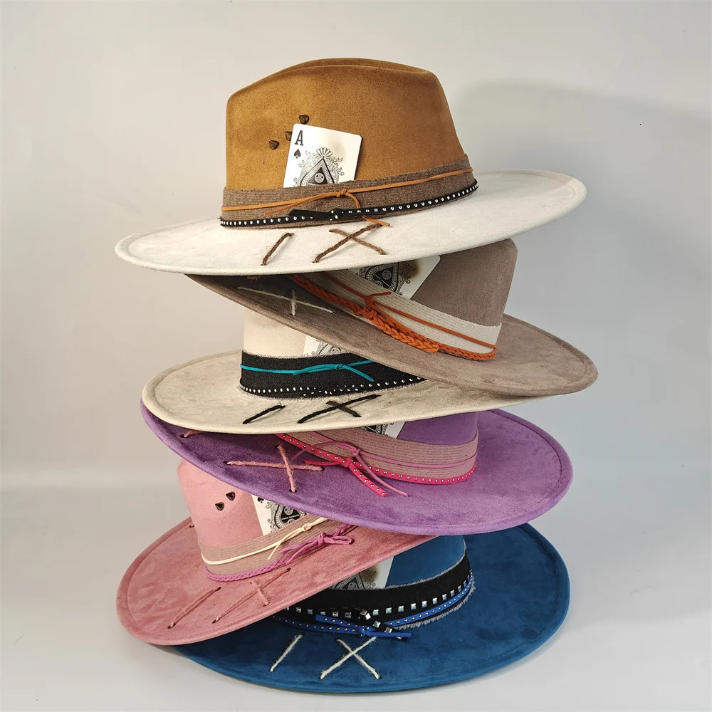 Color Blocking SuedeFedora Hats for Women Man Big Wide Brim Classic Suede Panama Hat Western Party hat sombrero rockero hombre 260527