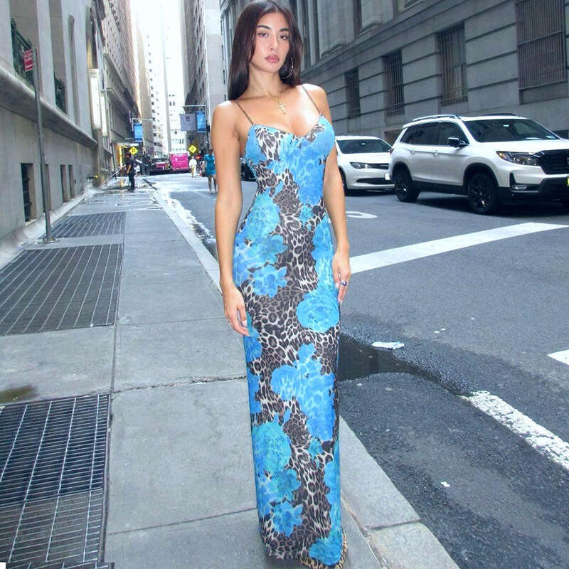 European American Summer New Women Long Street Style Elegant Slim Fit Printed Camisole Dress Daily Party Travel Casual Wear MAKOUFEI