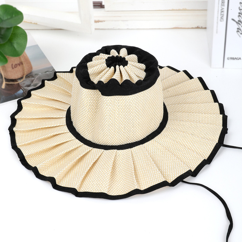 Designer Bucket Hat For Womens Sun Hat Straw Hat Retro Pleated Foldable Large Brim Sun Protection Beach Hat For Spring Summer Outings