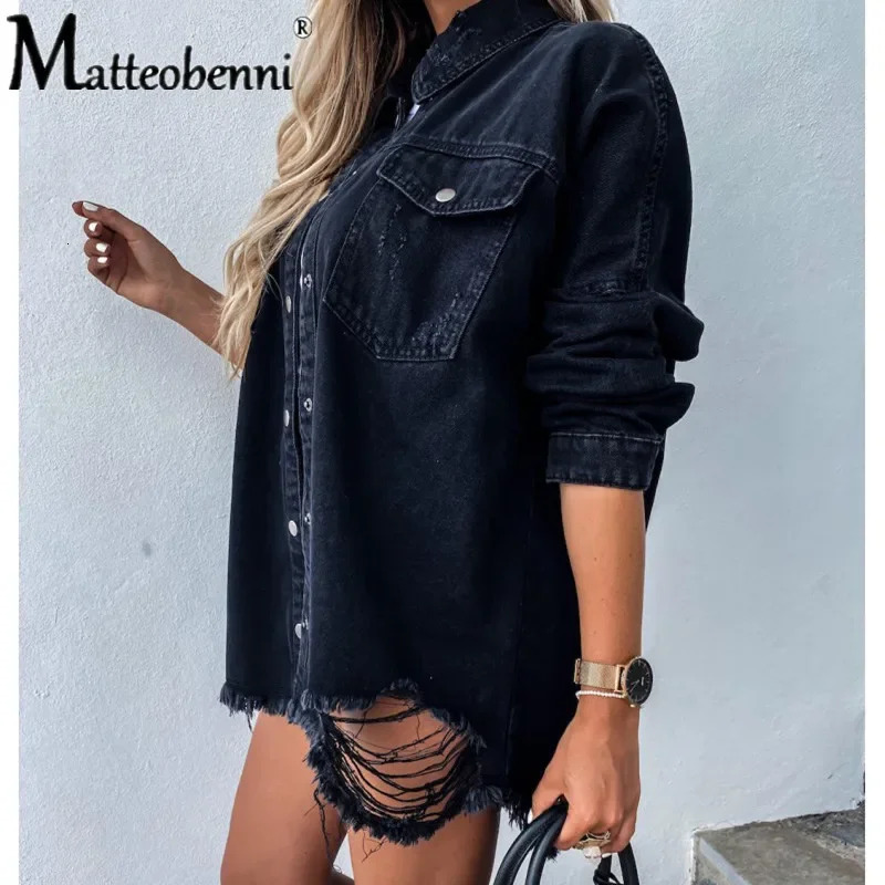 2024 Fall Womens Long Sleeve Denim Shirt Fashion Ripped Midlength Jeans Buttons Tops Boyfriend Loose Shirts 260526