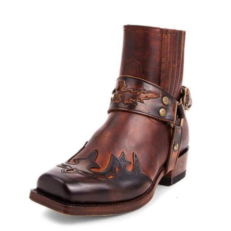 Men's Black Leather Western Comfortable Cowboy Ankle Boots With Harness Strap big size - view 7