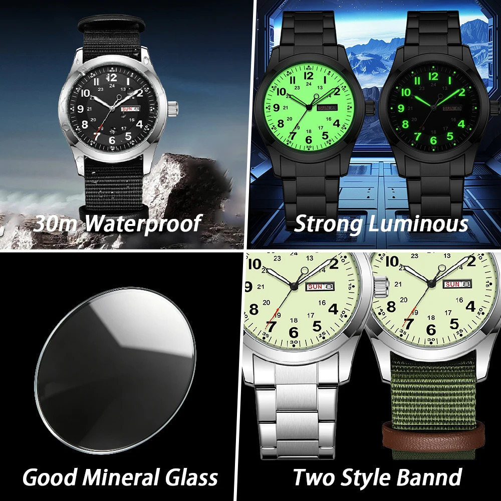 2026 Mens 42mm Watch Glow in the Dark Luminous Dial Day Date Green Canvas Strap 30M Water Proof Field Watch Khaki Strap 260526 - view 5