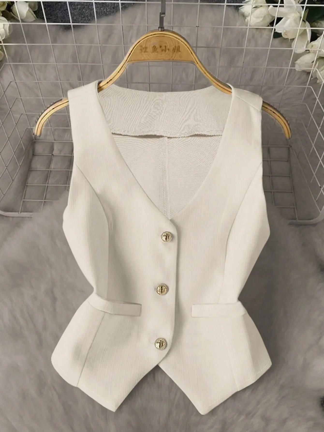 Womens Elegant Beige VNeck WaistCinching Vest Pleated Skirt 2 Piece Set Gold Button Blazer Waistcoat ALine Mini 260625 - view 4