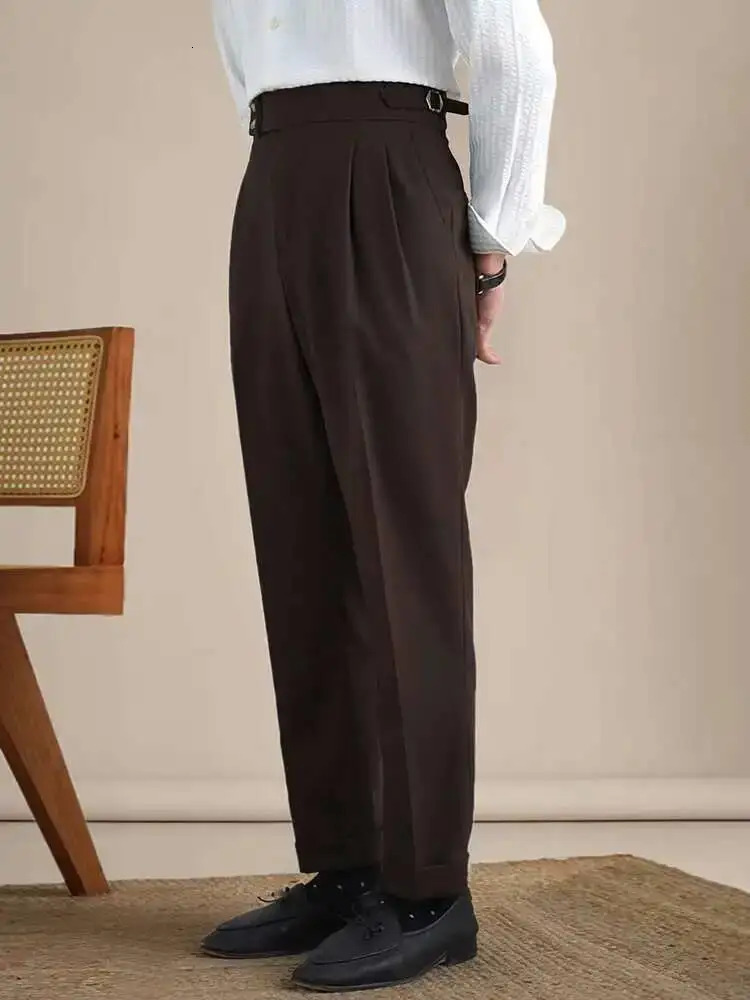 Naples Double Fold High Waist Linen Suit Pants For Men Summer Breathable Straight Leg Office Trousers Pantalon Costume Homme y260618 - view 5