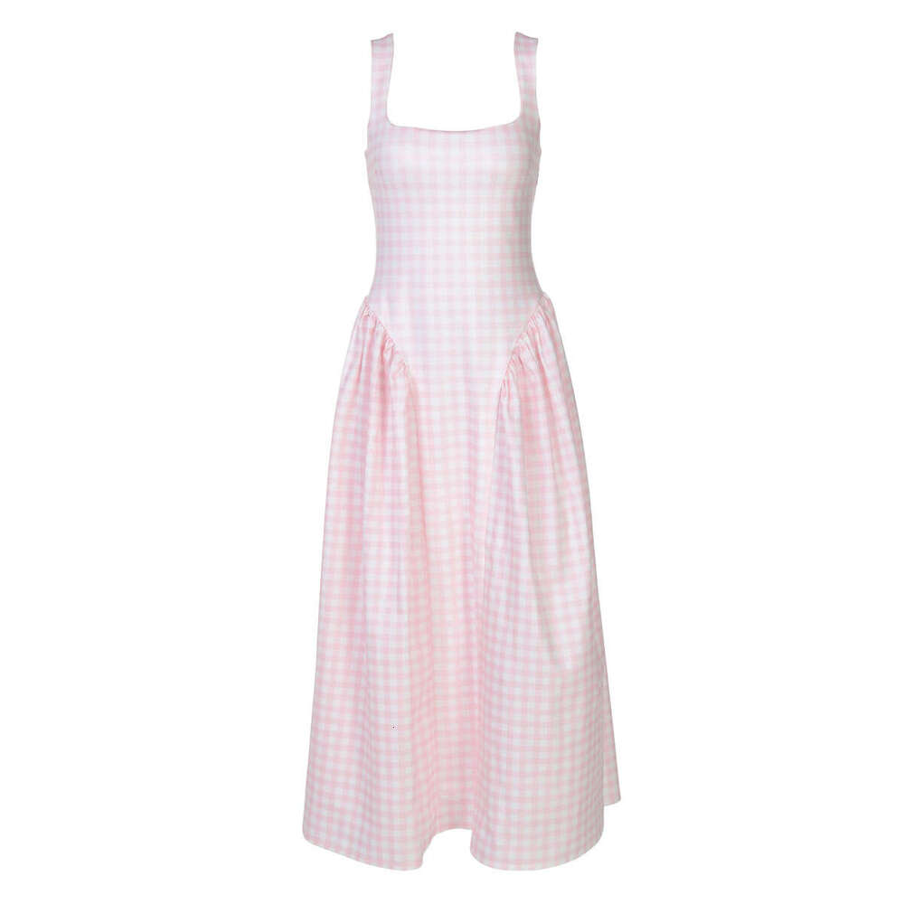 Plaid Print Backless Strap Dress Women French Style Waist Cinching Sweet Princess Dress Casual Party Holiday Wear MAKOUFEI