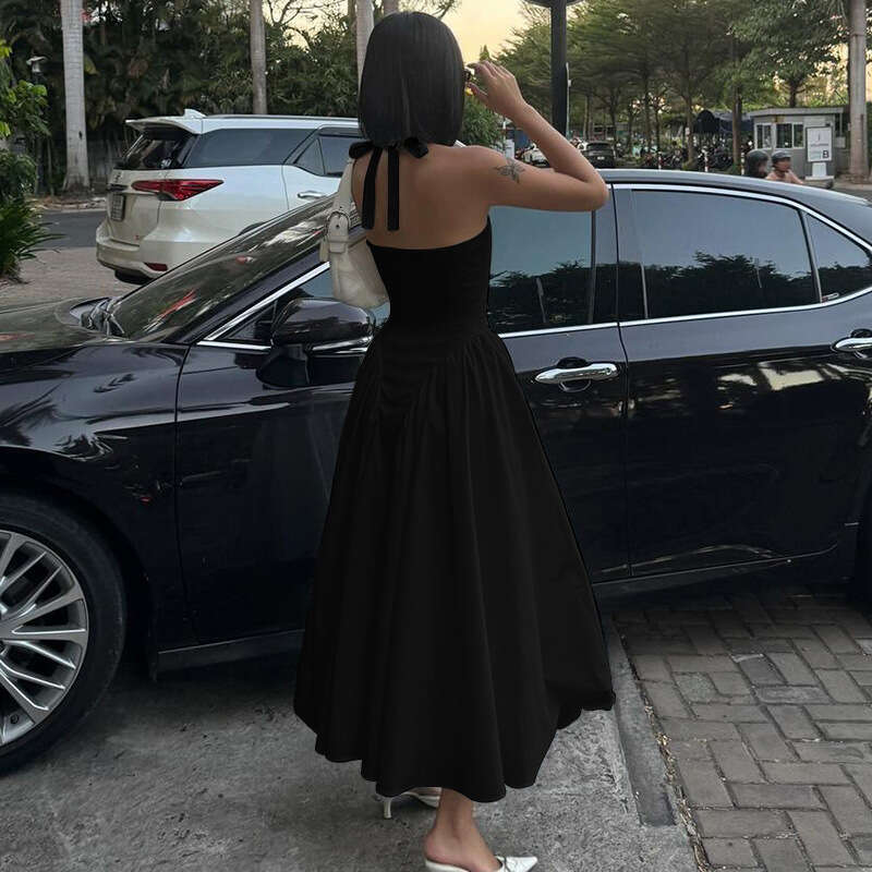 Women Solid Color Sexy Deep V Hollow Out Halter Elegant Flared Hem Dress Dating Travel Outdoor Fashion Outfit MAKOUFEI