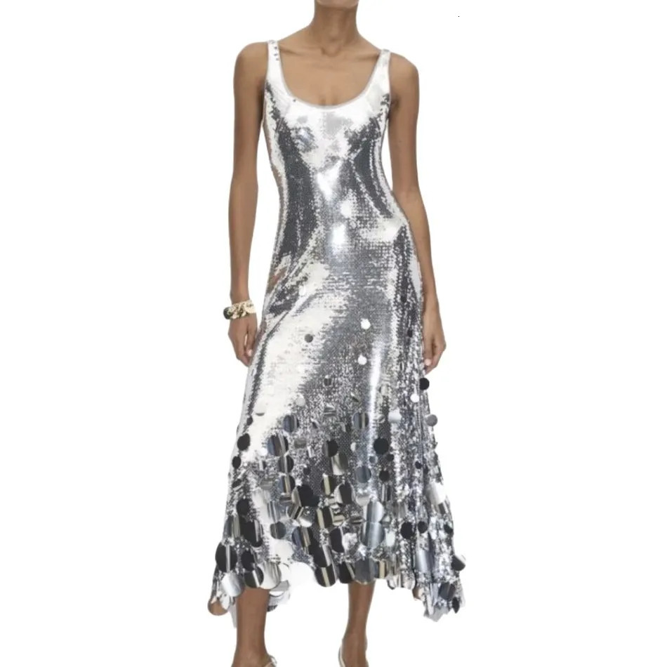 Spring Summer Fashion Sequin Women Banquet Dress Stylish Silver Female Sleeveless Dresses 260526 - view 3