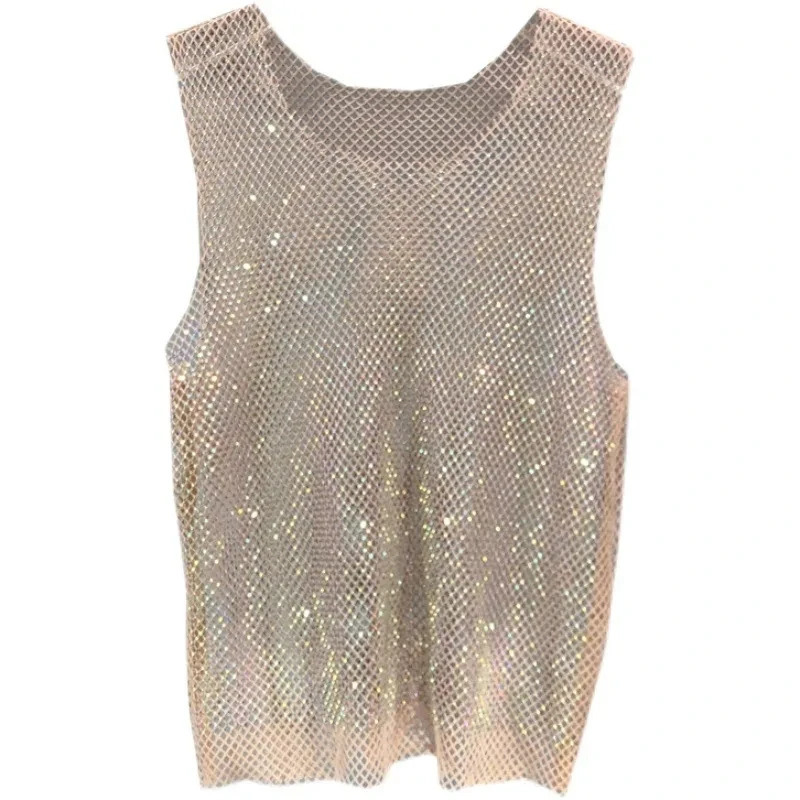 Summer Women Crystal Rhinestones Shiny Sexy Y2K Tank Tops Party Club Sexy See Through Mesh Hollow Out Diamond shirt 260522