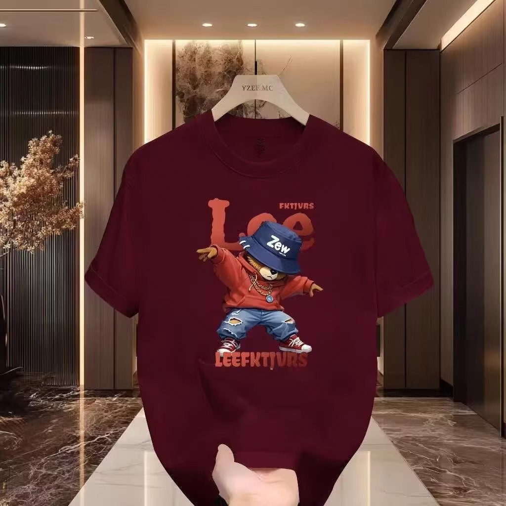 2026 Summer Men's American Style Bear Print T-Shirt, 100% Cotton Crew Neck Short Sleeve, Trendy Streetwear Casual Tees
