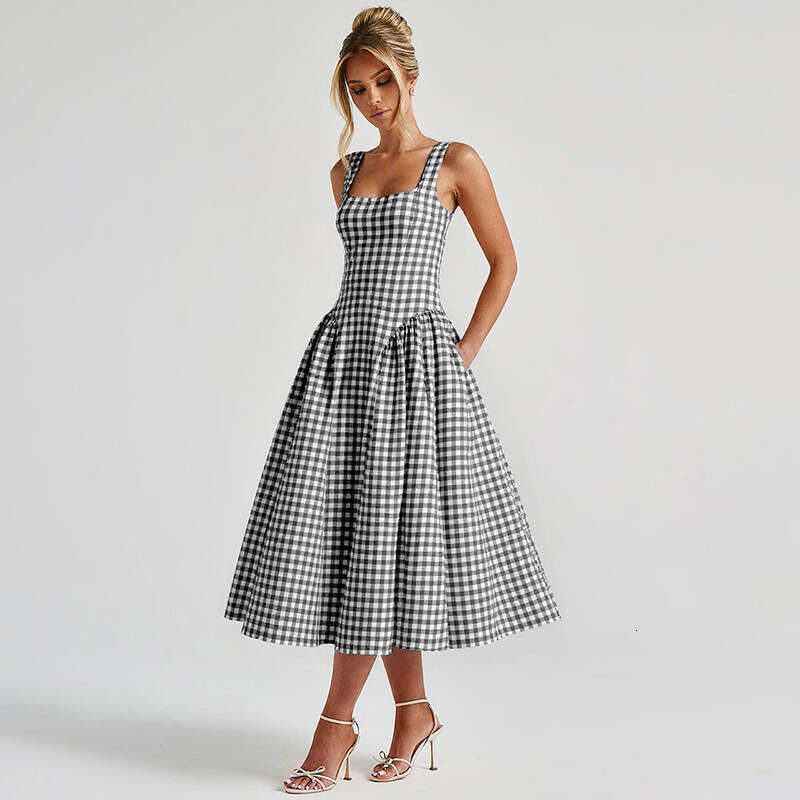 Plaid Print Backless Strap Dress Women French Style Waist Cinching Sweet Princess Dress Casual Party Holiday Wear MAKOUFEI