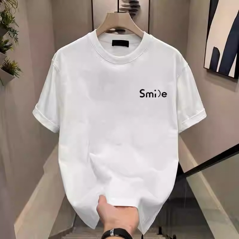 Men's Heavyweight Pure Cotton Short Sleeve T-Shirt, Ins Style Loose Crew Neck Letter Print Summer Casual Top