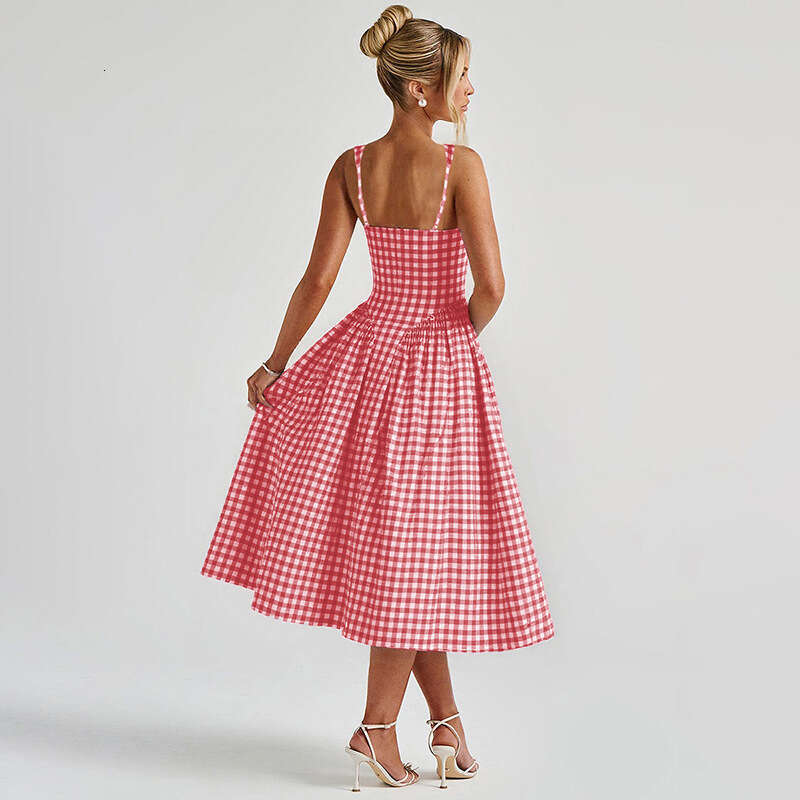 Plaid Print Backless Strap Dress Women French Style Waist Cinching Sweet Princess Dress Casual Party Holiday Wear MAKOUFEI