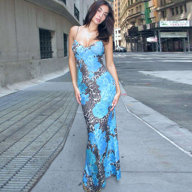 European American Summer New Women Long Street Style Elegant Slim Fit Printed Camisole Dress Daily Party Travel Casual Wear MAKOUFEI