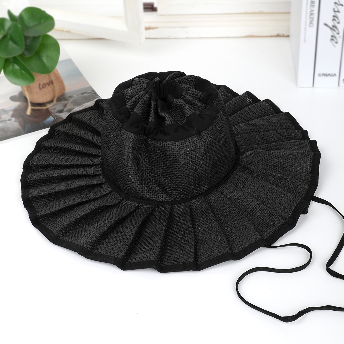 Designer Bucket Hat For Womens Sun Hat Straw Hat Retro Pleated Foldable Large Brim Sun Protection Beach Hat For Spring Summer Outings