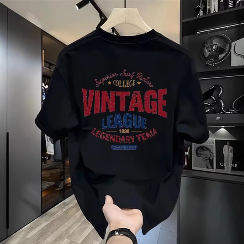 Heavyweight cotton men's short sleeve T-shirt, trendy printed crew neck top, American style loose pure cotton summer tee