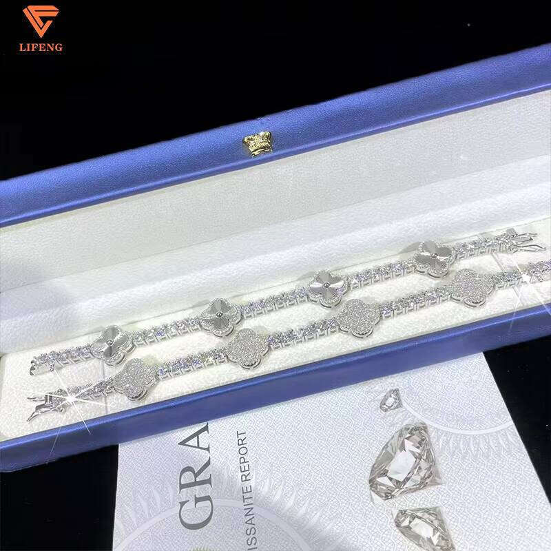 Lucky Four Leaf Hip Hop Jewelry 4mm S925 Silver Gold Plated Iced Out Moissanite Clover Tennis Bracelet - view 4