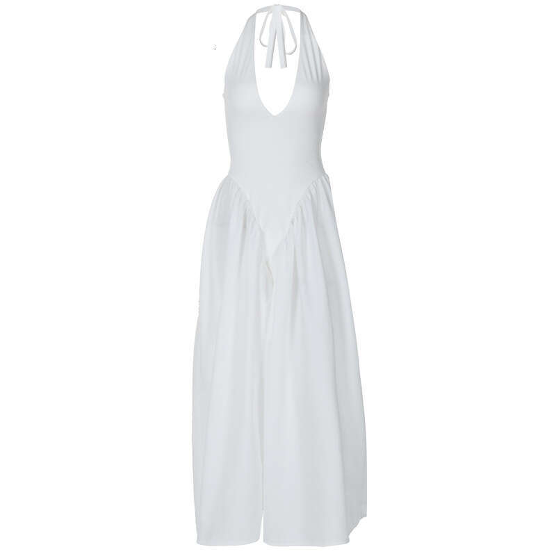 Women Solid Color Sexy Deep V Hollow Out Halter Elegant Flared Hem Dress Dating Travel Outdoor Fashion Outfit MAKOUFEI