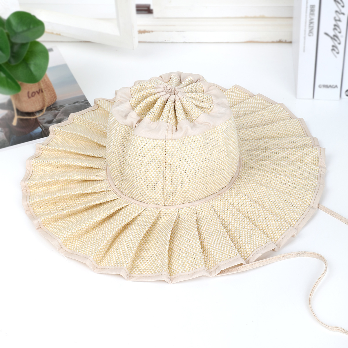 Designer Bucket Hat For Womens Sun Hat Straw Hat Retro Pleated Foldable Large Brim Sun Protection Beach Hat For Spring Summer Outings
