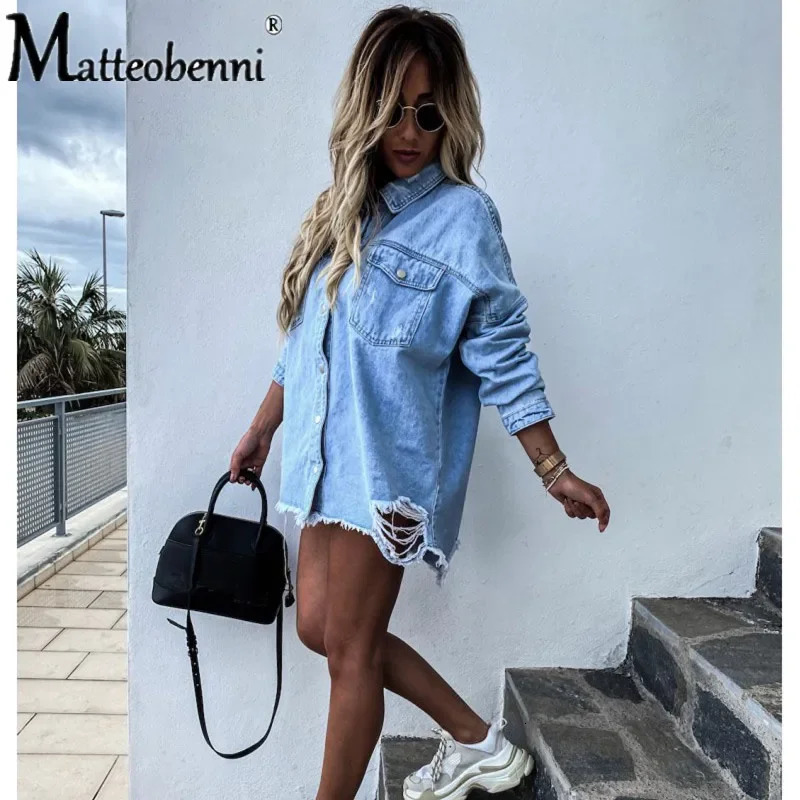 2024 Fall Womens Long Sleeve Denim Shirt Fashion Ripped Midlength Jeans Buttons Tops Boyfriend Loose Shirts 260526