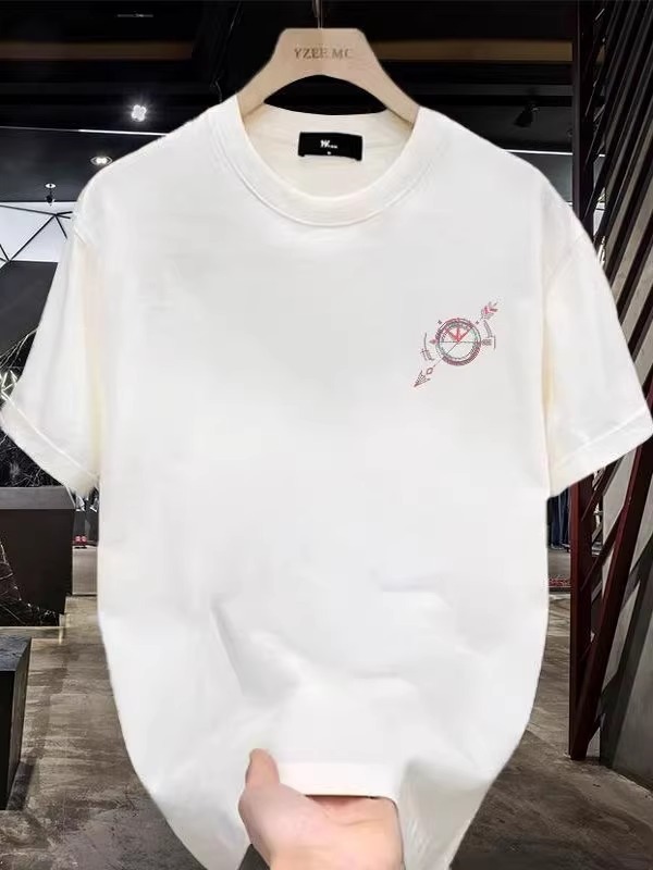 2026 Summer Men's Heavyweight Cotton T-Shirt, American Retro Crew Neck, Loose Fit, Minimalist Graphic Print, Ins Streetwear,