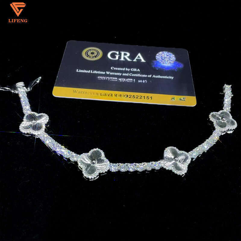 Lucky Four Leaf Hip Hop Jewelry 4mm S925 Silver Gold Plated Iced Out Moissanite Clover Tennis Bracelet - view 6