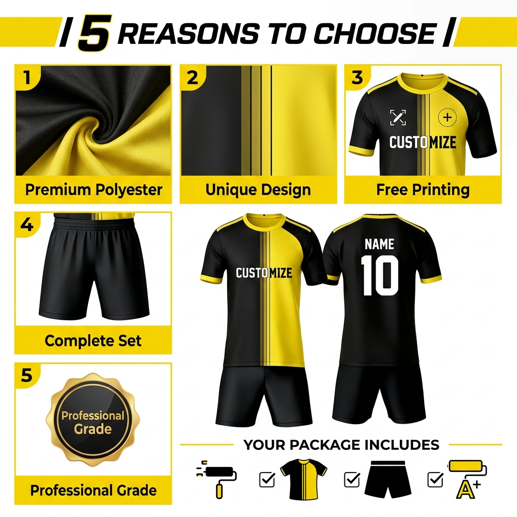 Custom Soccer Jersey Set Men Black Yellow Split Football Uniform with Shorts Personalized Name Number Breathable Quick Dry Team Training Kit - view 8