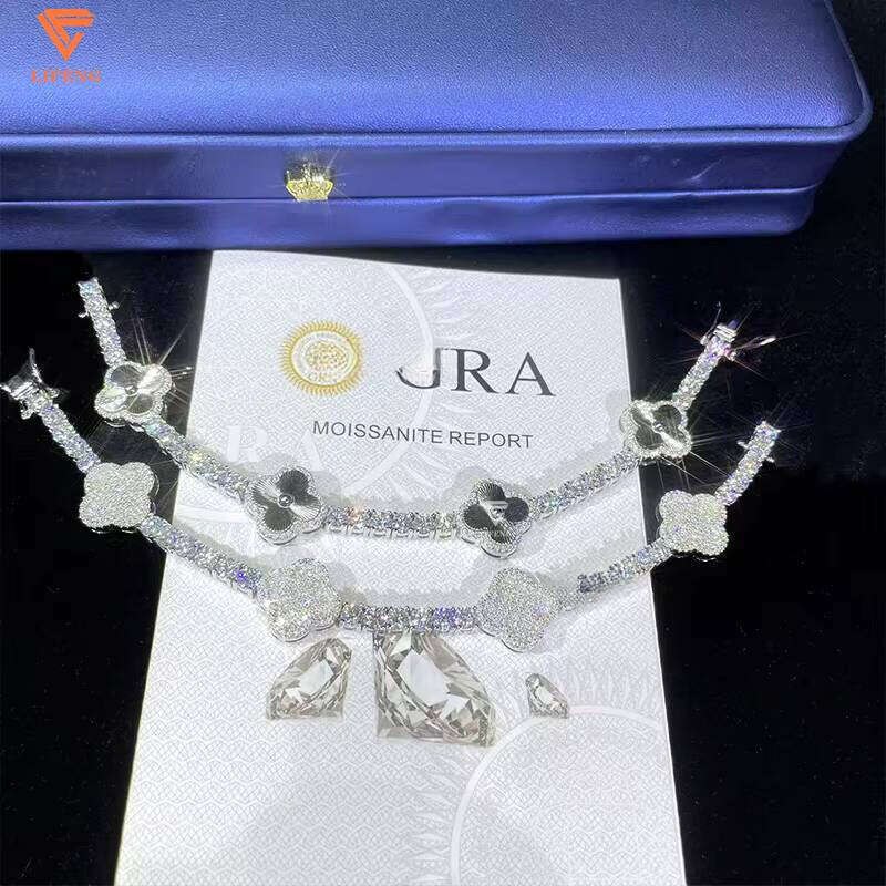Lucky Four Leaf Hip Hop Jewelry 4mm S925 Silver Gold Plated Iced Out Moissanite Clover Tennis Bracelet - view 7