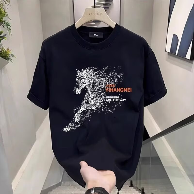 2026 Summer Men's Cotton T-Shirt, Horse Graphic Print, Crew Neck, Streetwear, Slim Fit Short Sleeve Tops, Trendy Casual Tees