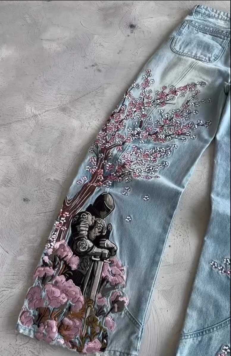 Retro Sakura Black Knight Embroidered Y2K Men Jeans Loose and Personalized Street Rap Niche Design Blue Hip HopWashed JeansT260527 - view 6