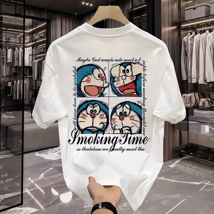 2026 Summer Men's Premium Cotton T-Shirt, Korean Streetwear, Creative Graphic Print, Crew Neck, Loose Casual Trendy Tee