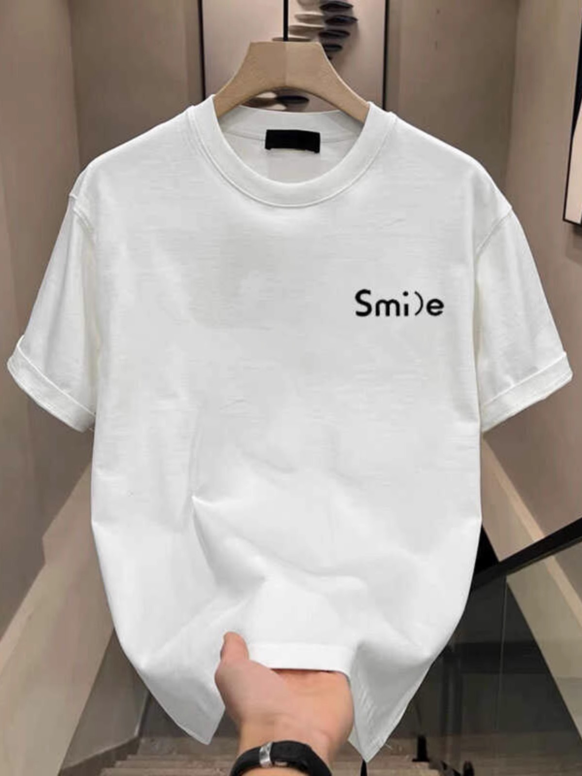 Men's Heavyweight Pure Cotton Short Sleeve T-Shirt, Ins Style Loose Crew Neck Letter Print Summer Casual Top