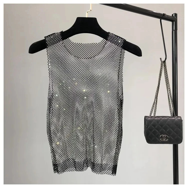 Summer Women Crystal Rhinestones Shiny Sexy Y2K Tank Tops Party Club Sexy See Through Mesh Hollow Out Diamond shirt 260522