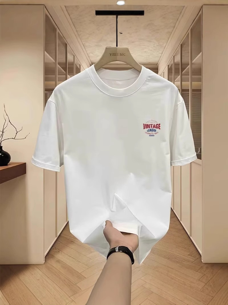 Heavyweight cotton men's short sleeve T-shirt, trendy printed crew neck top, American style loose pure cotton summer tee