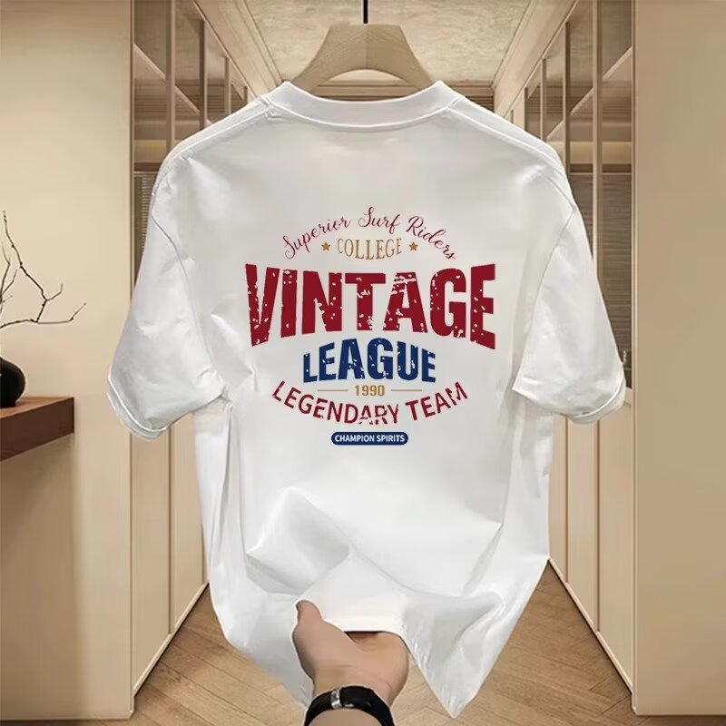 Heavyweight cotton men's short sleeve T-shirt, trendy printed crew neck top, American style loose pure cotton summer tee