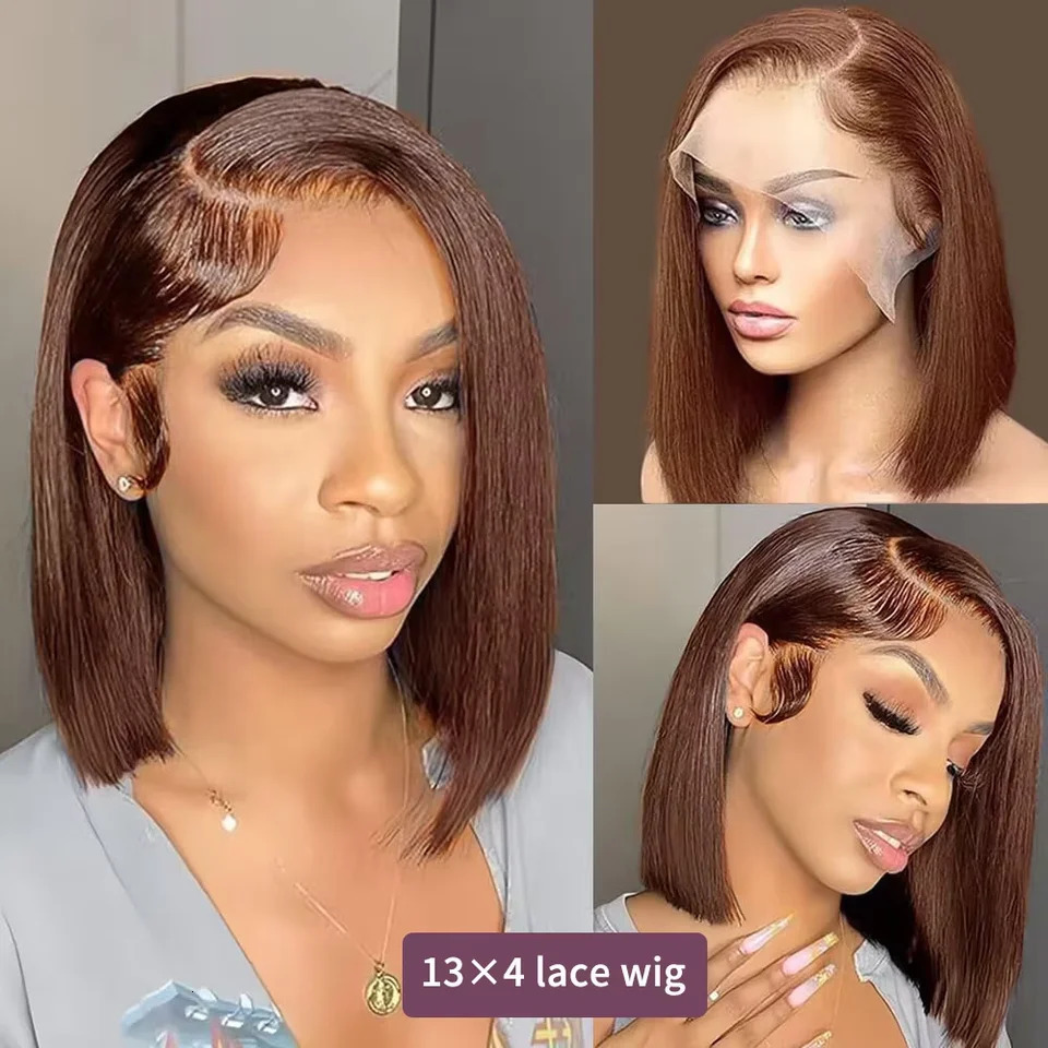 220 Density Full Frontal 13x4 HD Transparent Lace 4 Chocolate Brown Straight Short Bob Wig Human Hair Wigs Pre Plucked Wig 260522